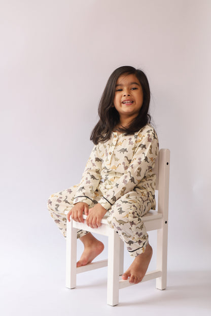 Unisex Kids Pajama Set - Dinosaur Print Neutral Colors
