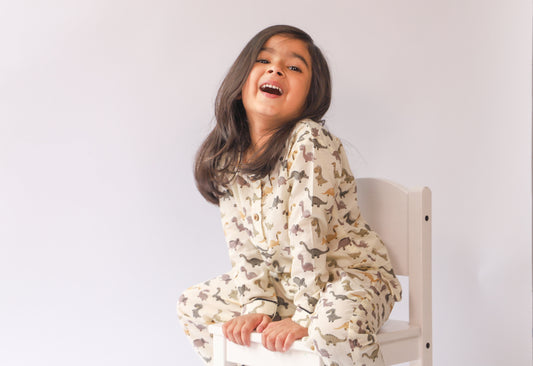 Unisex Kids Pajama Set - Dinosaur Print Neutral Colors