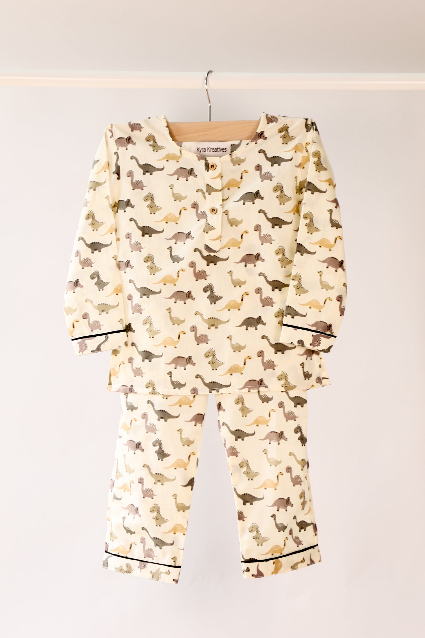 Unisex Kids Pajama Set - Dinosaur Print Neutral Colors