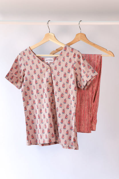 Women's Cotton Pajama Set - Pink & Grey